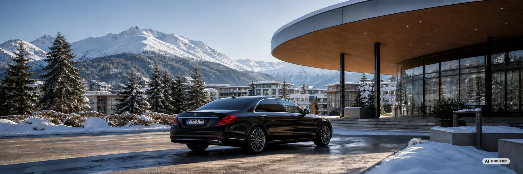 Mercedes-Benz S-Klasse in Davos mit Kennzeichen E-SC 3133, mobil optimierter WEF-Header - KI-bearbeitetes Symbolbild
