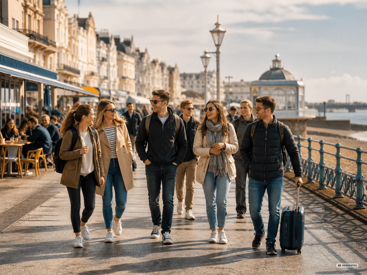 KI-gestützte Visualisierung: lachende Reisegruppe auf englischer Promenade