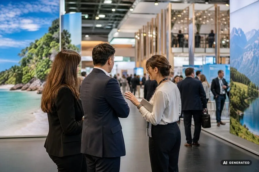 ITB Berlin bezoekers en exposanten in een toeristische beursomgeving - AI generated