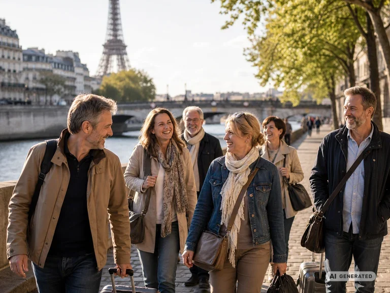 Reisegruppe in Paris an der Seine mit Eiffelturm im Hintergrund